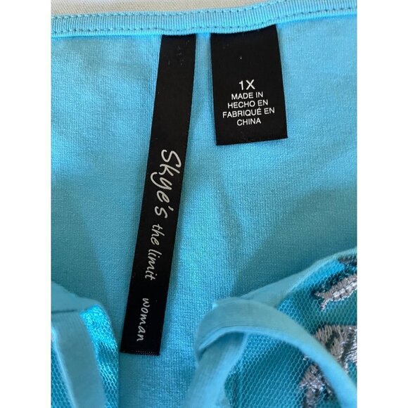 Skye's The Limit Top Blouse Plus S 1X Blue Mesh Floral Embroidery Long Sleeve - Picture 6 of 10